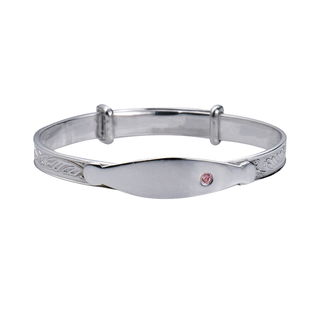 Sterling Silver Engraved Expanding Bangle with ID Plate and Pink Cubic Zirconia